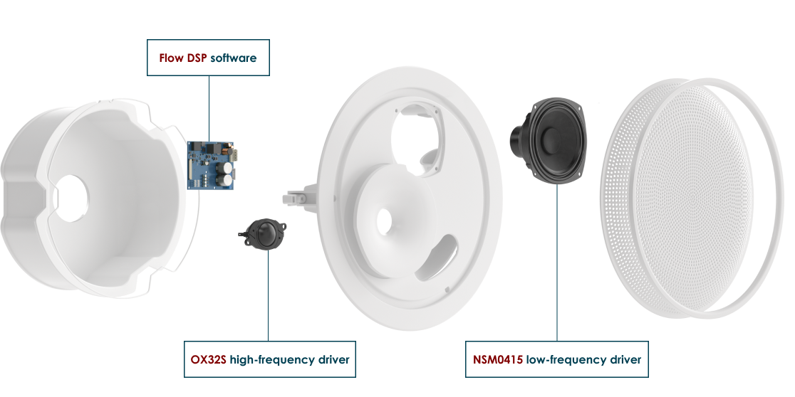 2-way ceiling speaker driven end-to-end by Peerless components